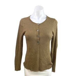 Nili Lotan 100% Linen Tan Ribbed Knit Long Sleeve Henley Sweater Top Size S